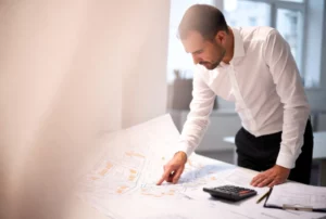 Architecte analysant un plan cadastral pour calculer le coefficient d'occupation des sols