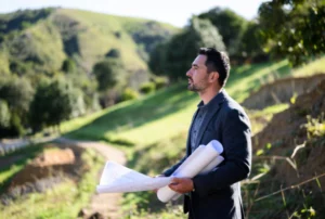 Architecte sur un terrain en pente analysant les contraintes de construction