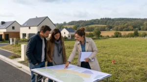 Couple et conseillère consultant le plan de zonage d'un lotissement devant un terrain à bâtir