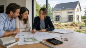 Couple étudiant le plan de sa maison neuve avec une conseillère, calculatrice posée sur la table
