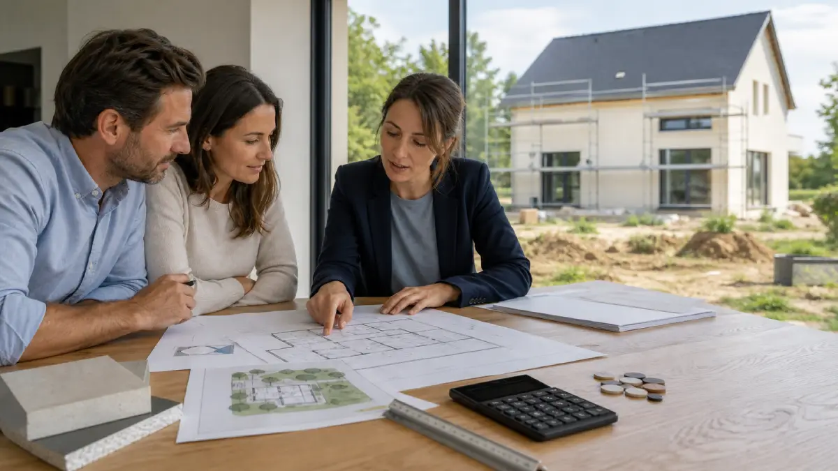 Couple étudiant le plan de sa maison neuve avec une conseillère, calculatrice posée sur la table
